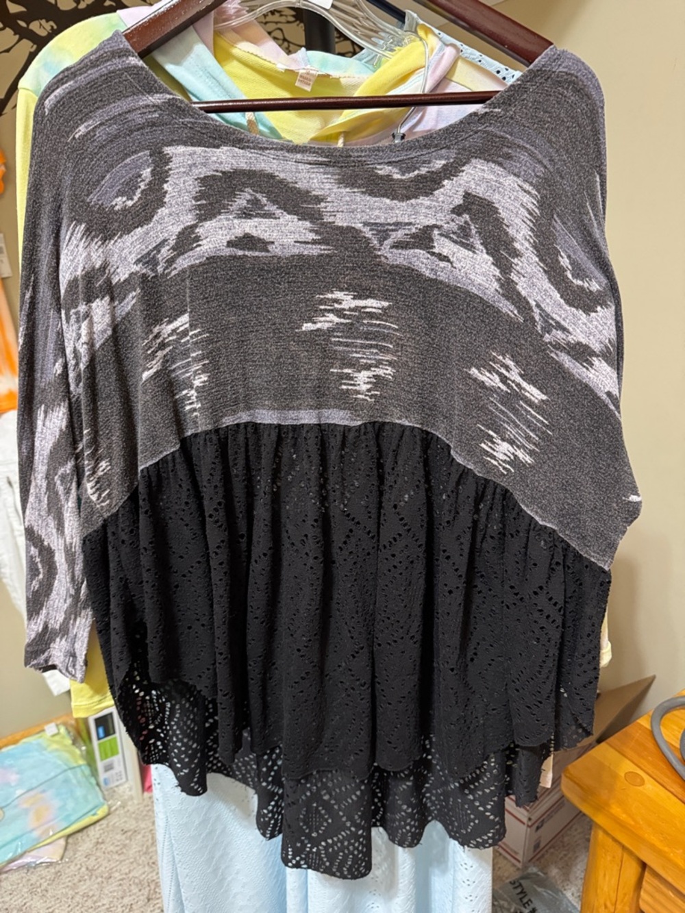 Free People Gray Patterned Knit Scoop Neck Sweater with Black Eyelet Tier